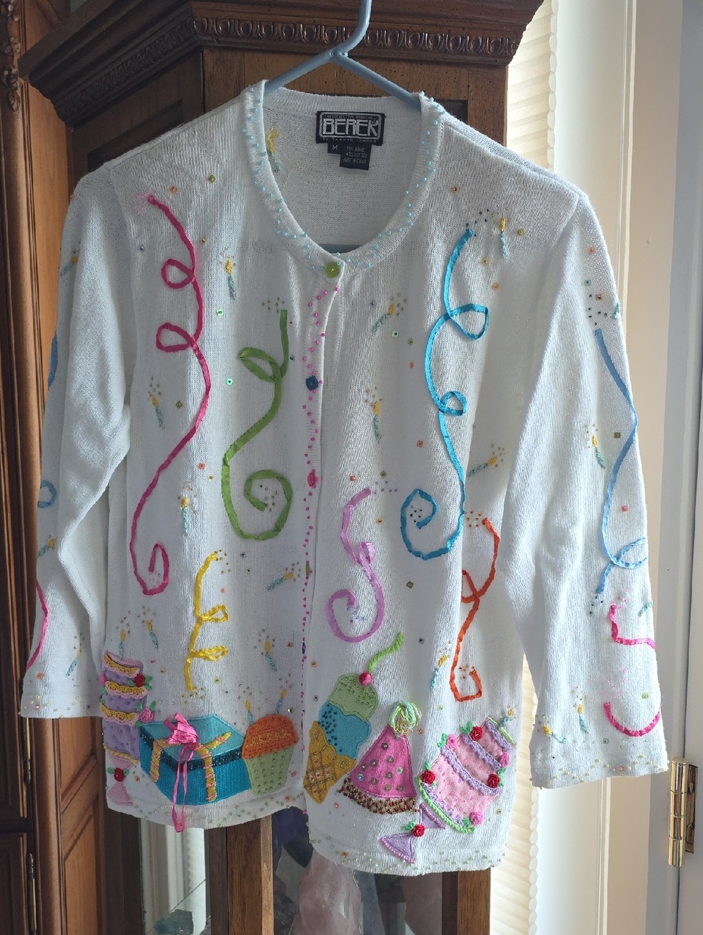 Berek White Sweater with Multicolor Beaded Party Appliques NWT